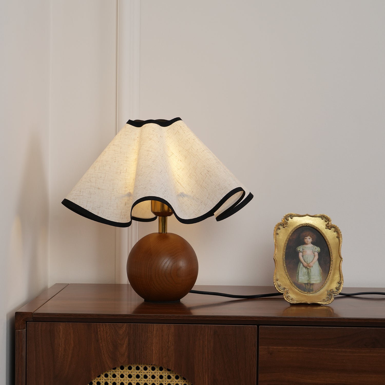 Wavecrest Modern Bedside Table Lamp with Wooden Base and Draped Linen Fabric Shade