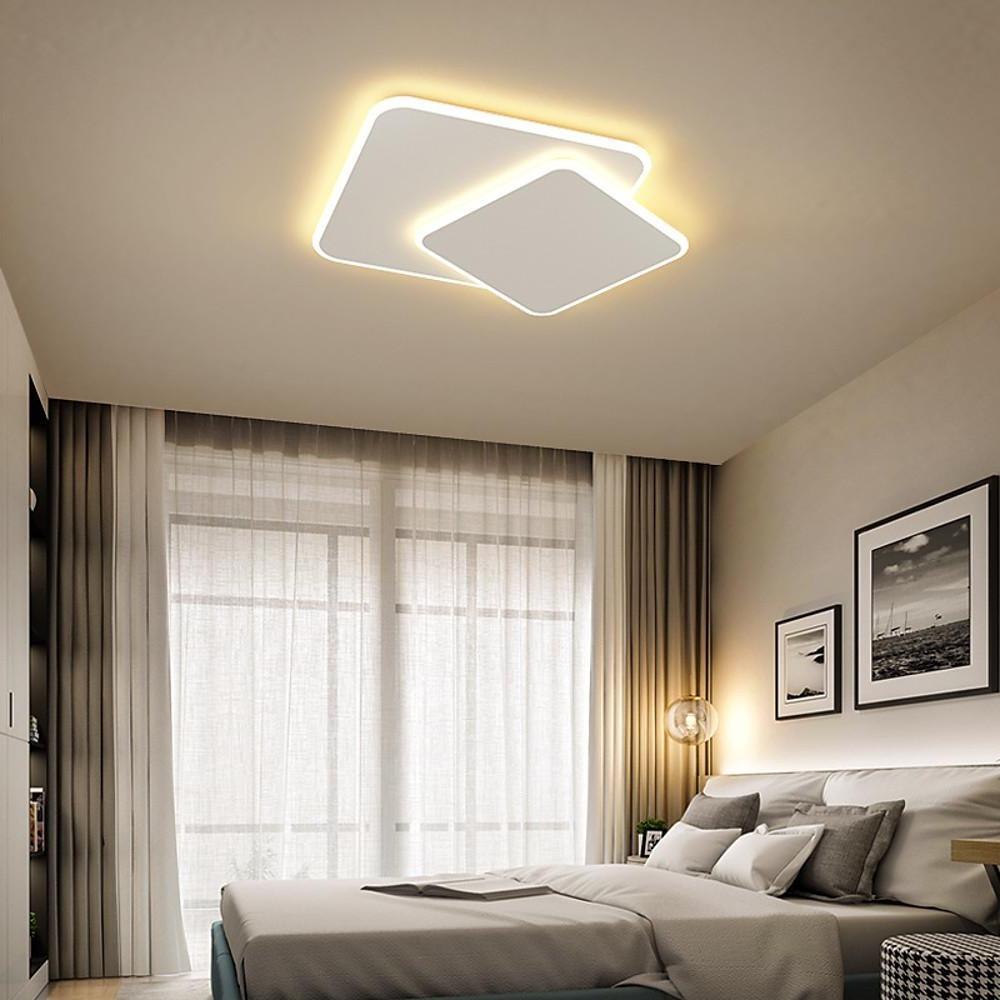 Modern White Square LED Flush Mount Ceiling Light Fixture for Bedroom and Living Room Geometric Two Tier Lighting