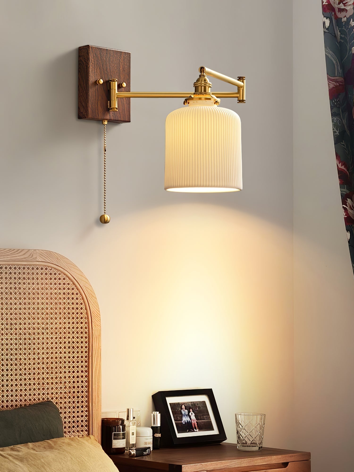 White Ceramic Geometric Wall Lamp Sconce with Pull Chain Minimalist Indoor Light Fixture