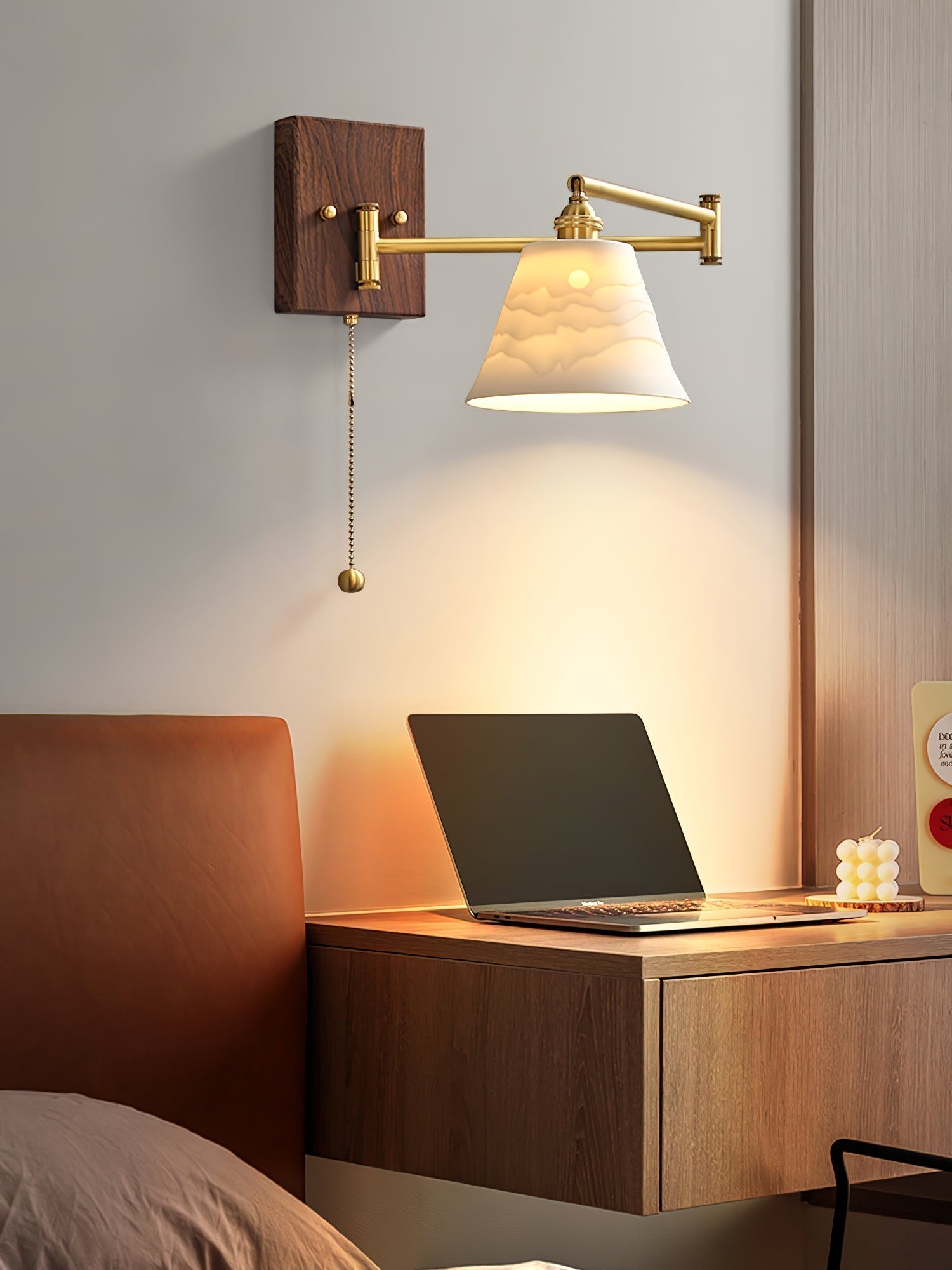 White Ceramic Geometric Wall Lamp Sconce with Pull Chain Minimalist Indoor Light Fixture