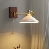 White Ceramic Geometric Wall Lamp Sconce with Pull Chain Minimalist Indoor Light Fixture