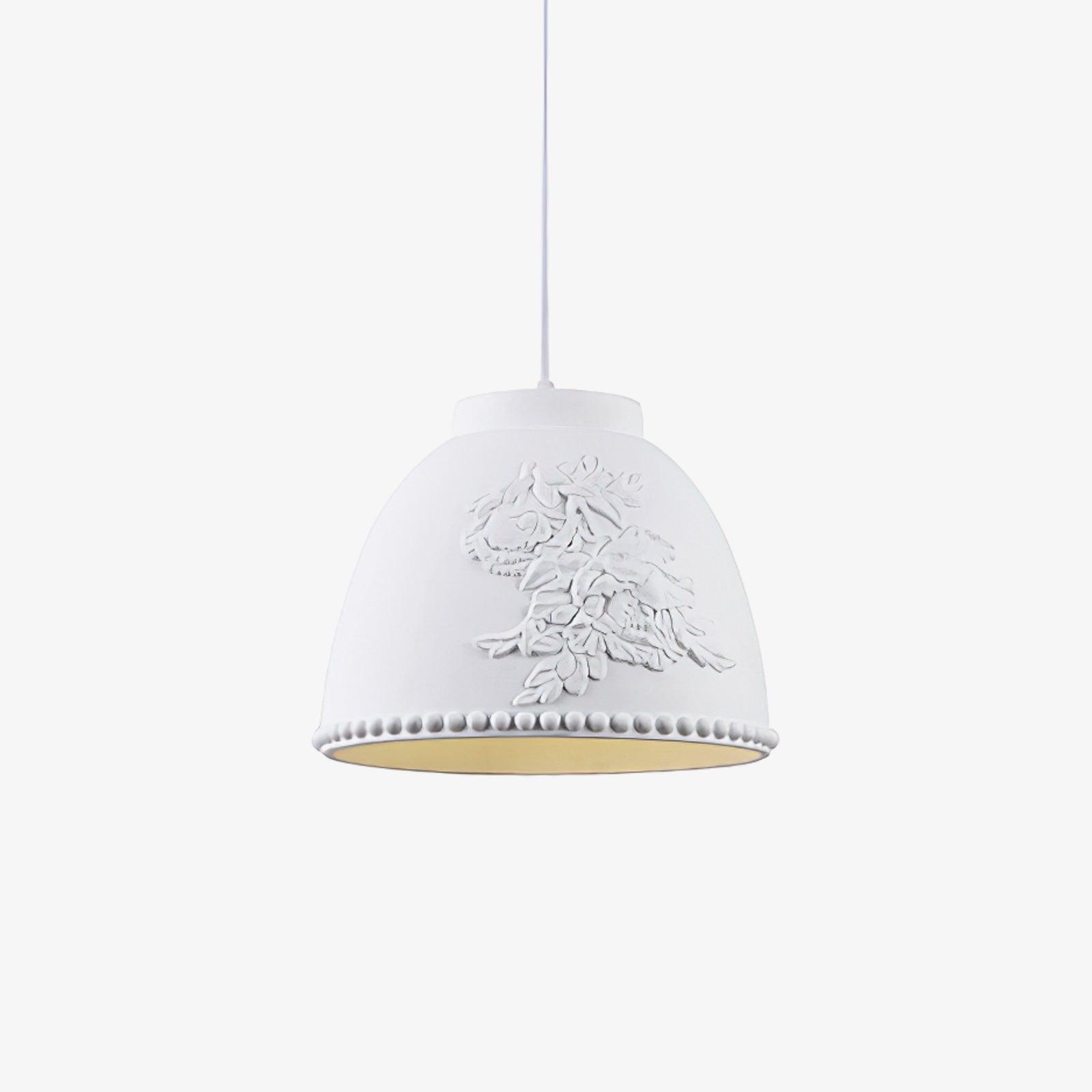 White Floral Embossed Resin Pendant Light Dome Shaped Hanging Lamp for Home Decor