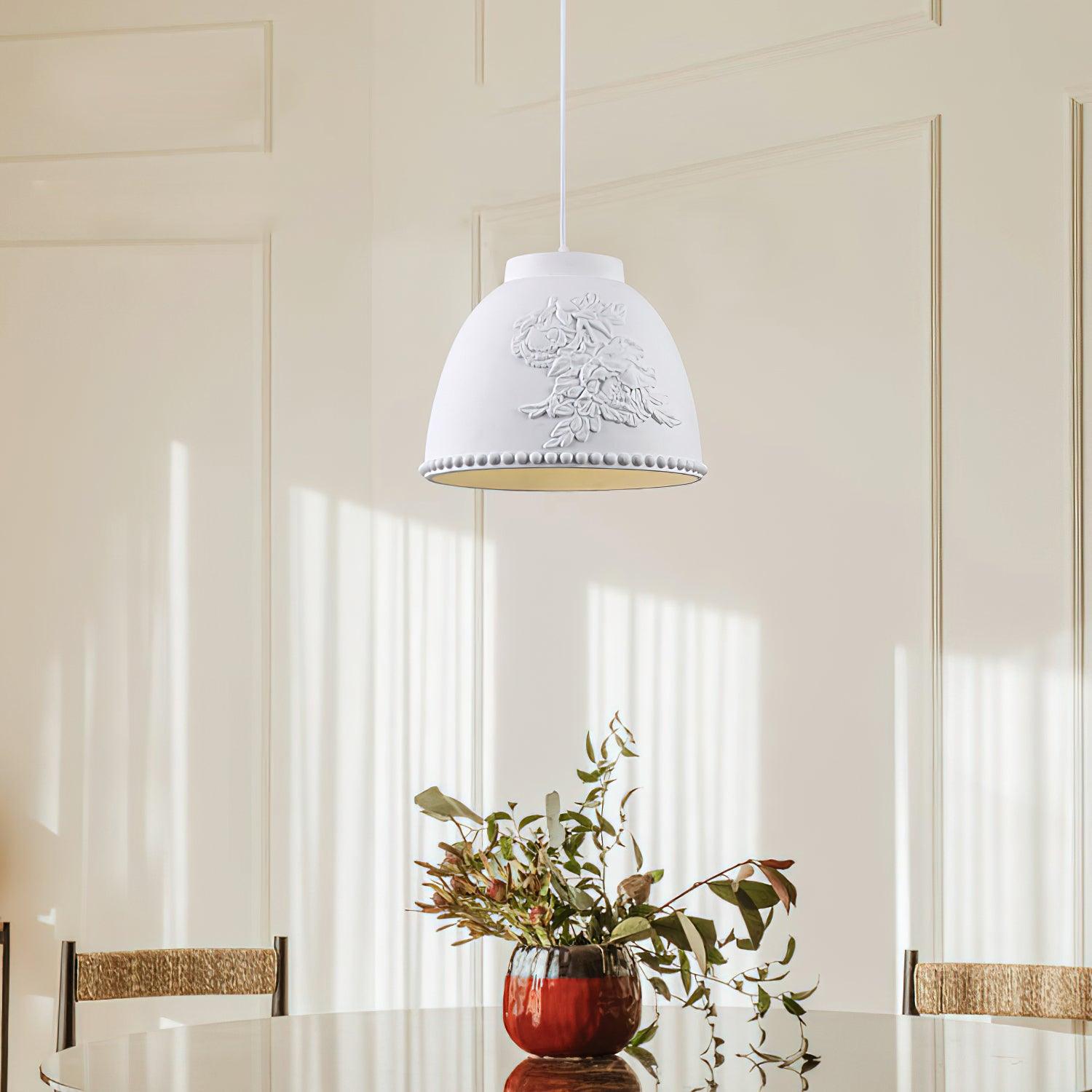White Floral Embossed Resin Pendant Light Dome Shaped Hanging Lamp for Home Decor
