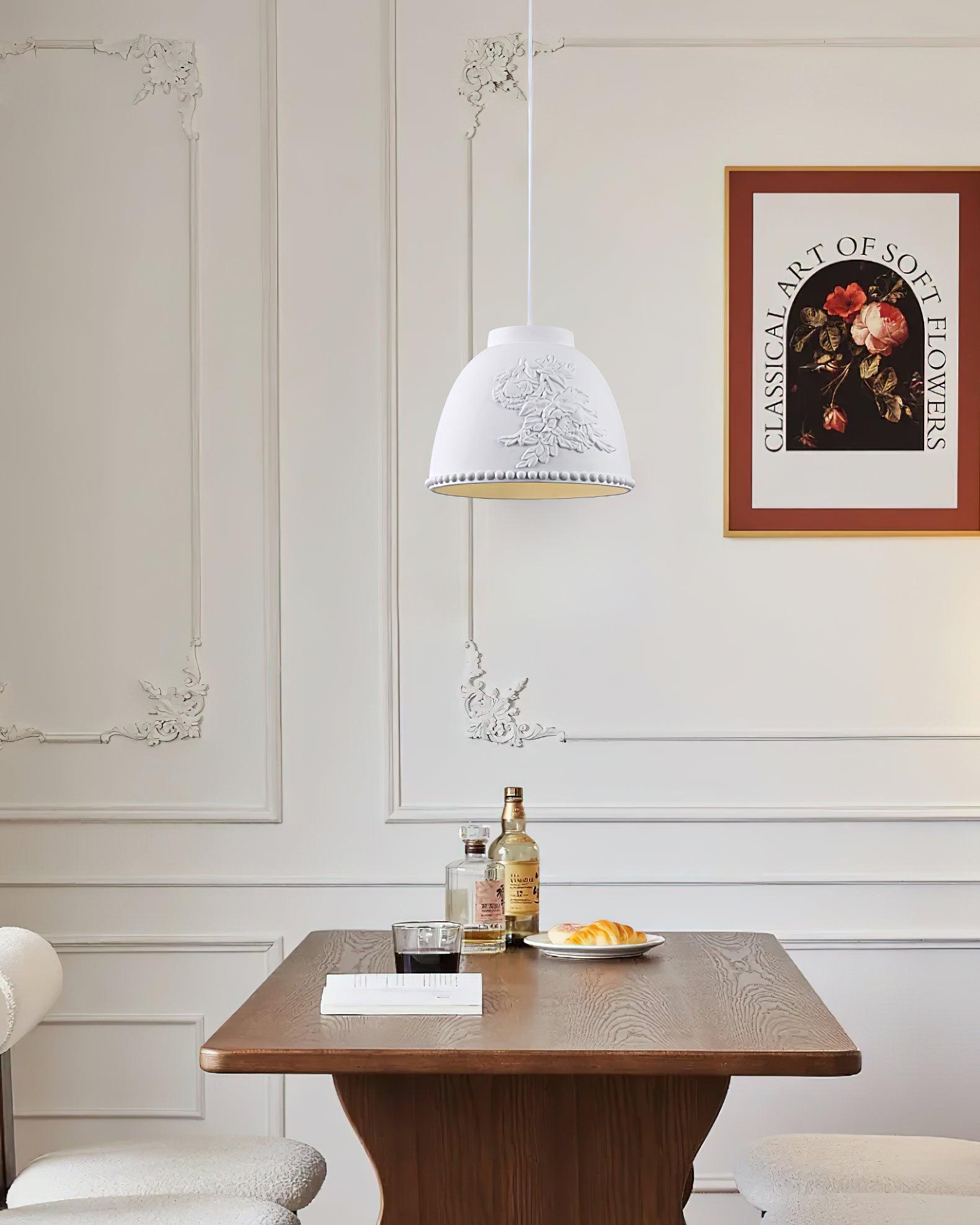 White Floral Embossed Resin Pendant Light Dome Shaped Hanging Lamp for Home Decor