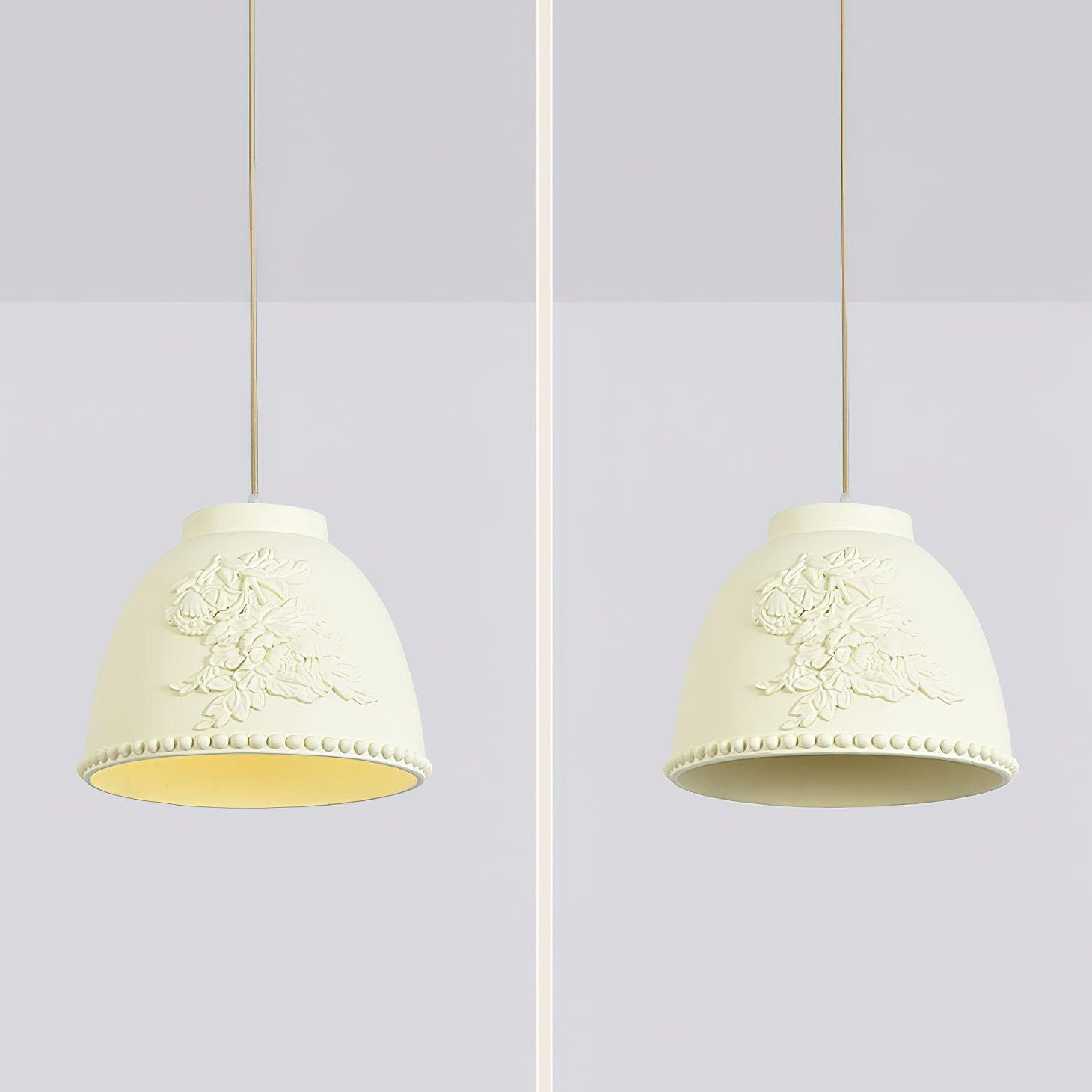 White Floral Embossed Resin Pendant Light Dome Shaped Hanging Lamp for Home Decor