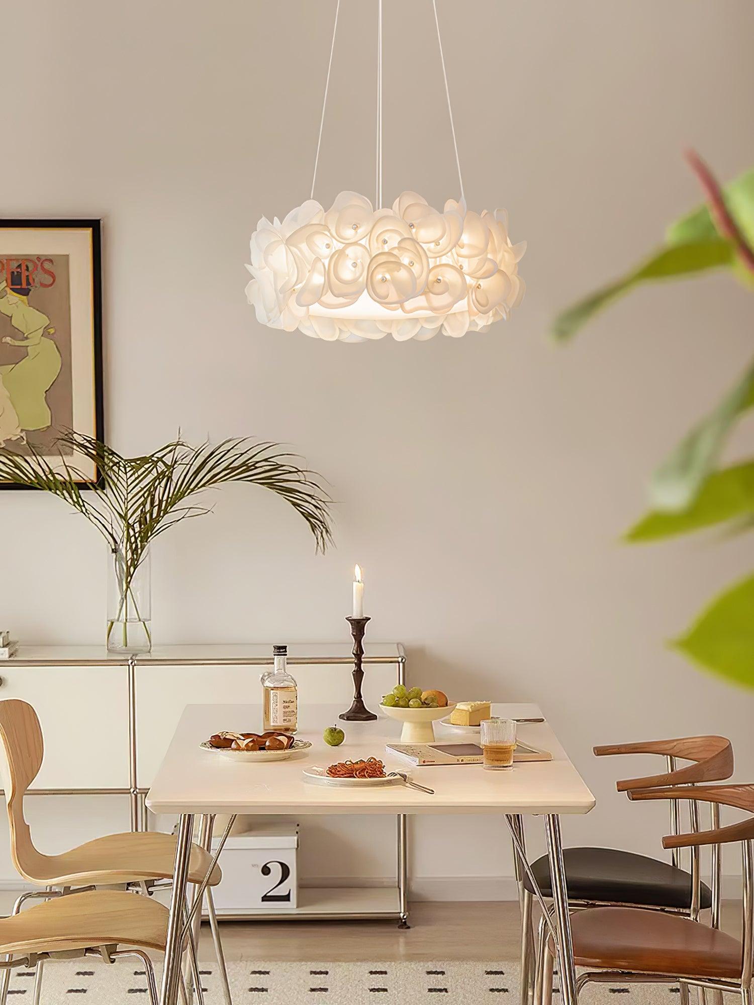 White Hydrangea Petal Metal Pendant Lamp Elegant Floral Hanging Chandelier for Modern Interiors