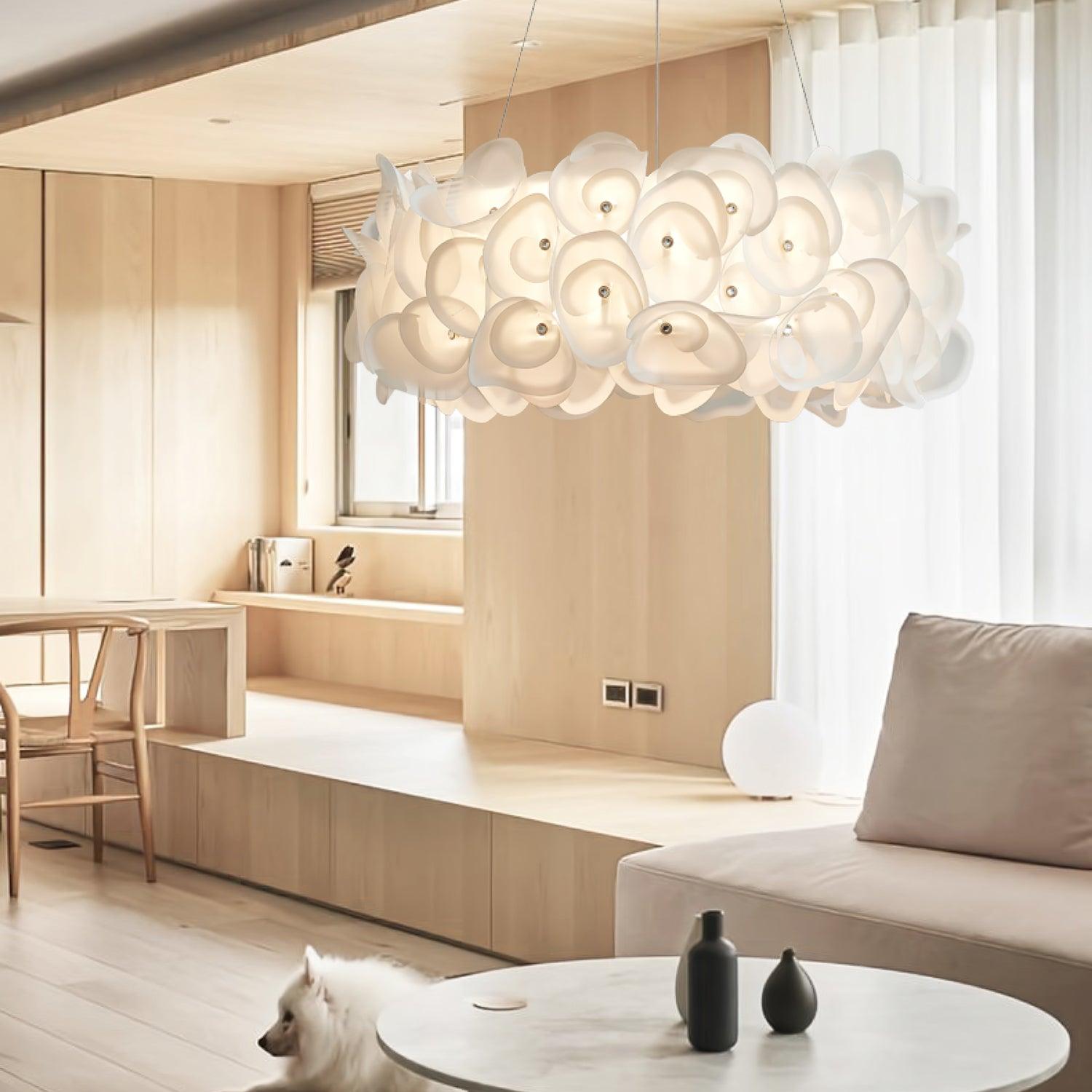 White Hydrangea Petal Metal Pendant Lamp Elegant Floral Hanging Chandelier for Modern Interiors