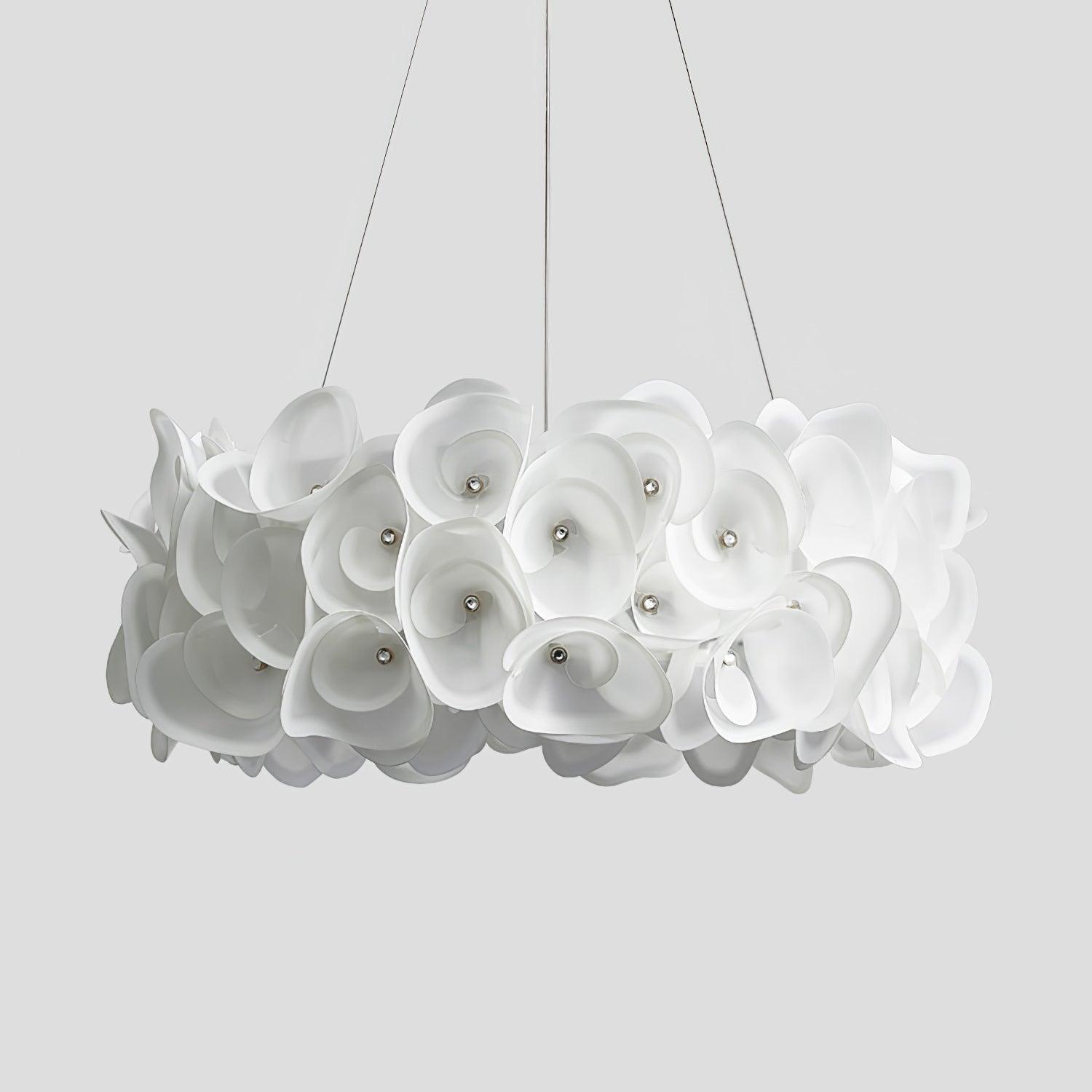 White Hydrangea Petal Metal Pendant Lamp Elegant Floral Hanging Chandelier for Modern Interiors