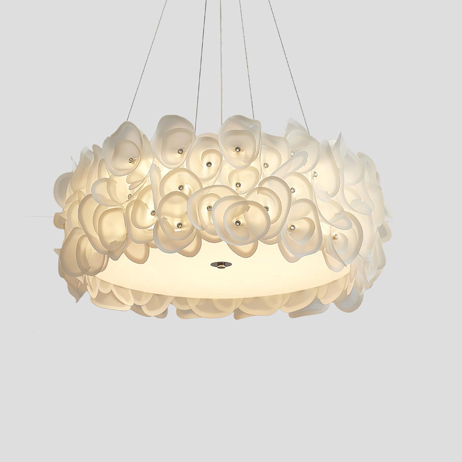 White Hydrangea Petal Metal Pendant Lamp Elegant Floral Hanging Chandelier for Modern Interiors