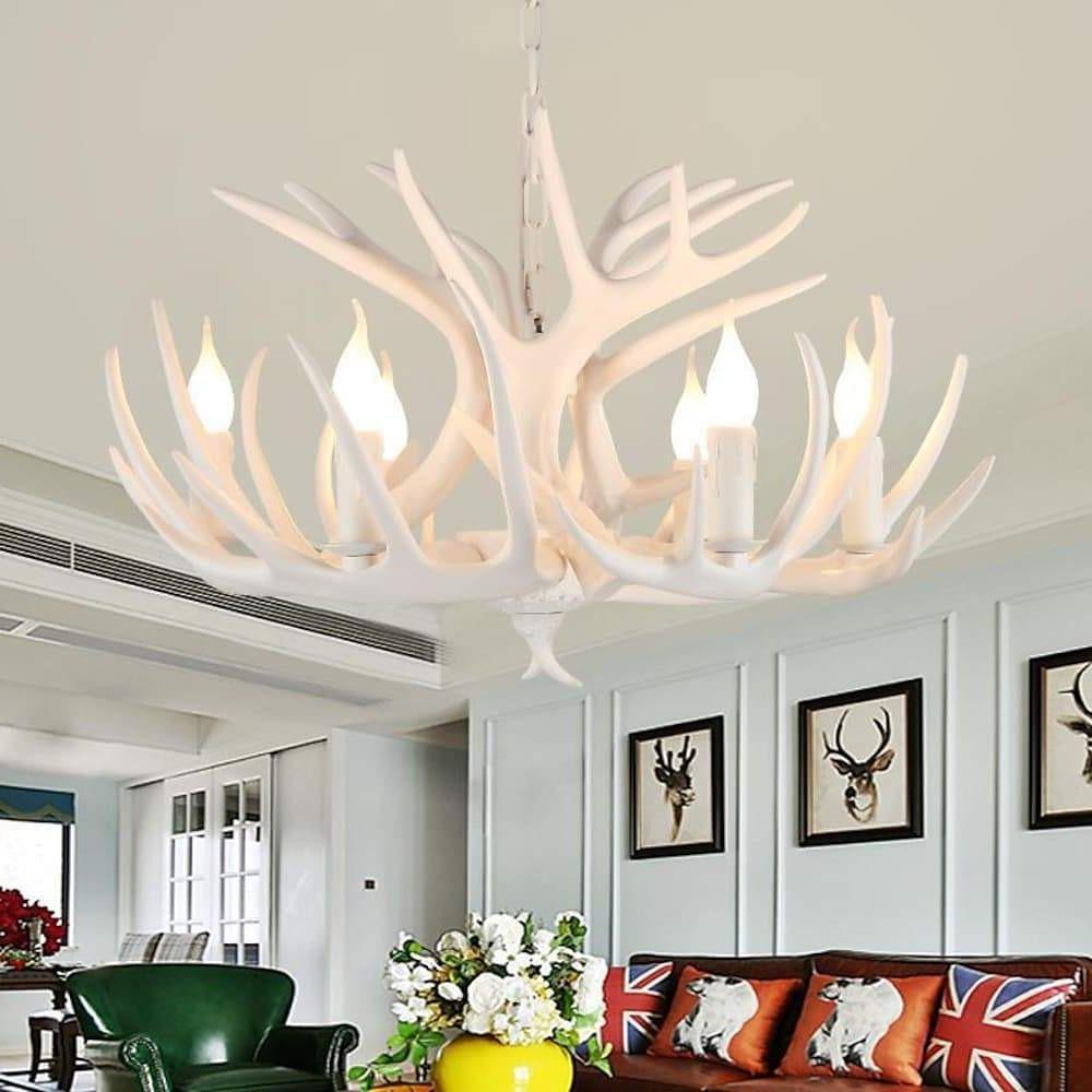 White Resin Antler Chandelier Vintage Rustic Candle Pendant Light for Living Room and Dining Space