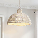 White Wood Bead Pendant Light French Country Beaded Chandelier for Luxury Living Space