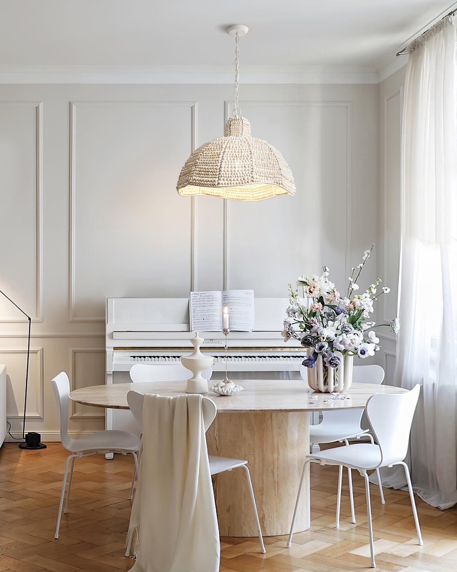 White Wood Bead Pendant Light French Country Beaded Chandelier for Luxury Living Space