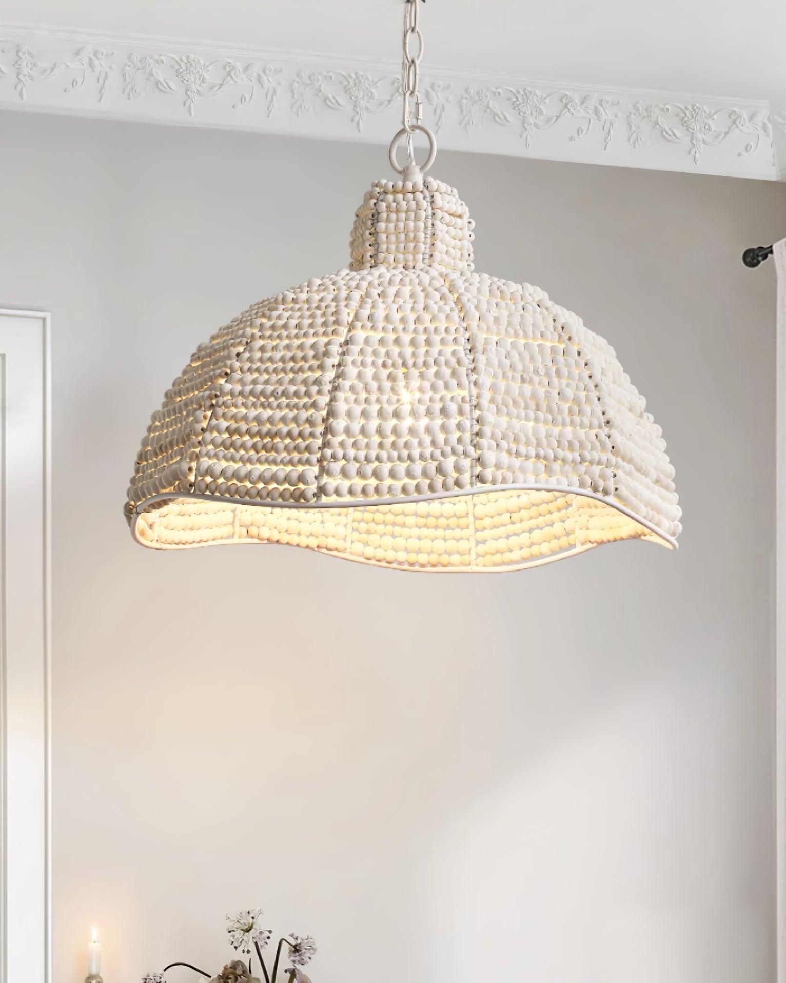 White Wood Bead Pendant Light French Country Beaded Chandelier for Luxury Living Space