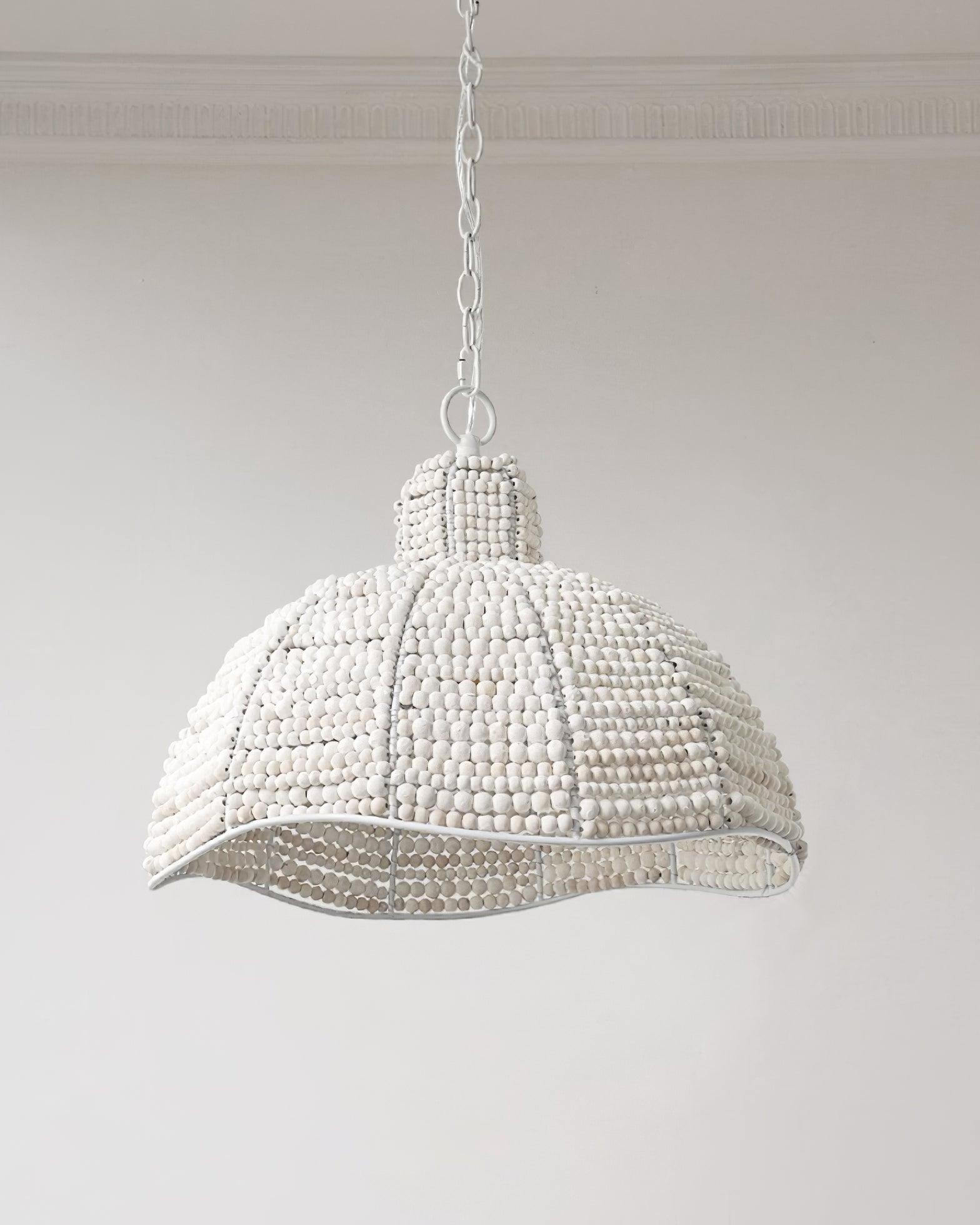 White Wood Bead Pendant Light French Country Beaded Chandelier for Luxury Living Space