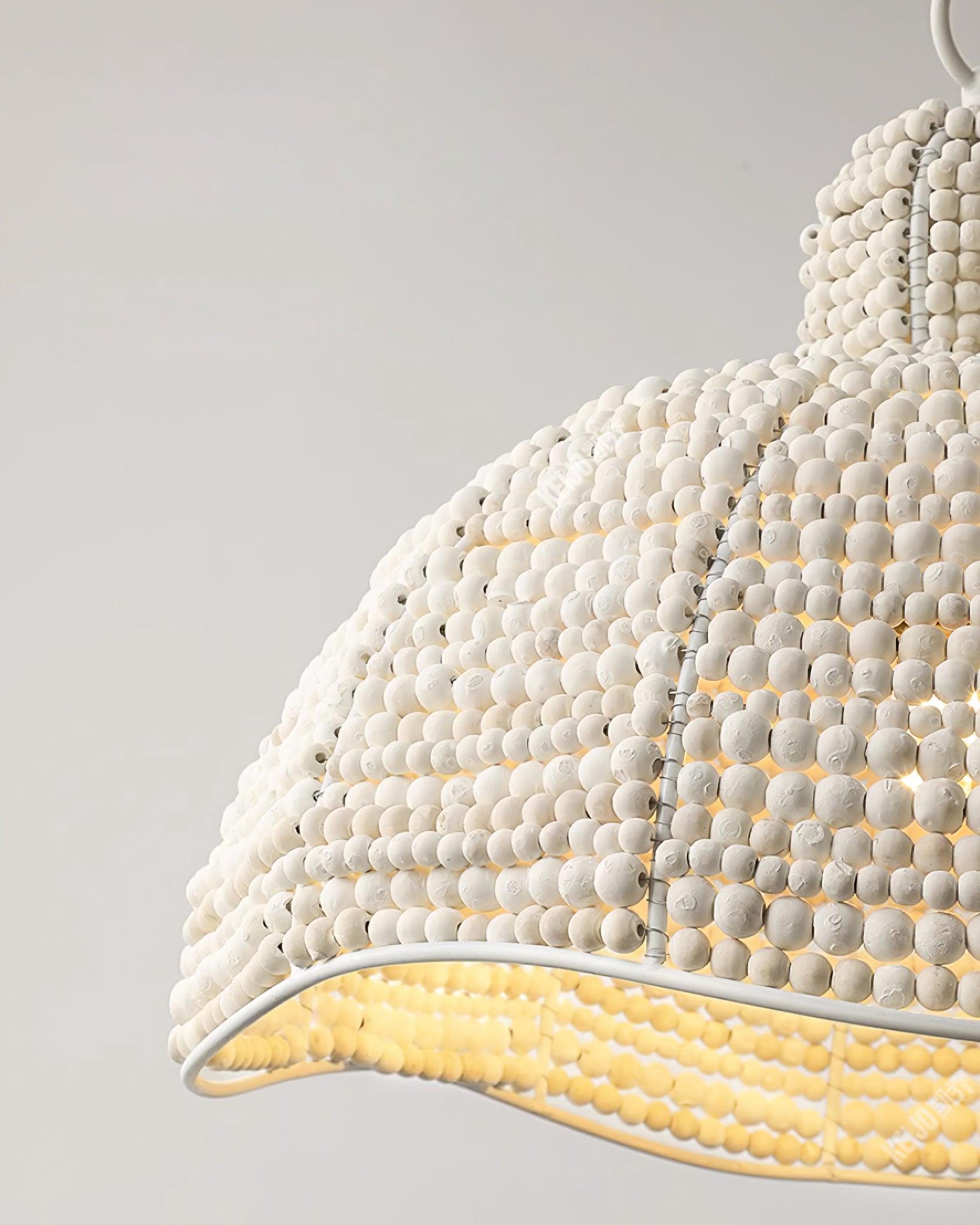 White Wood Bead Pendant Light French Country Beaded Chandelier for Luxury Living Space