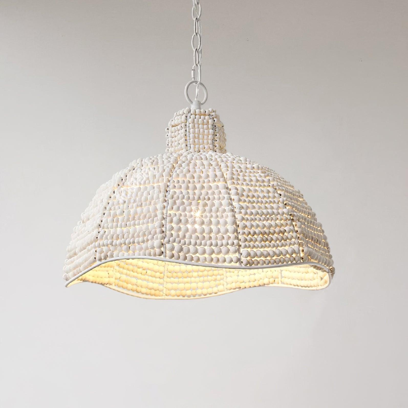 White Wood Bead Pendant Light French Country Beaded Chandelier for Luxury Living Space
