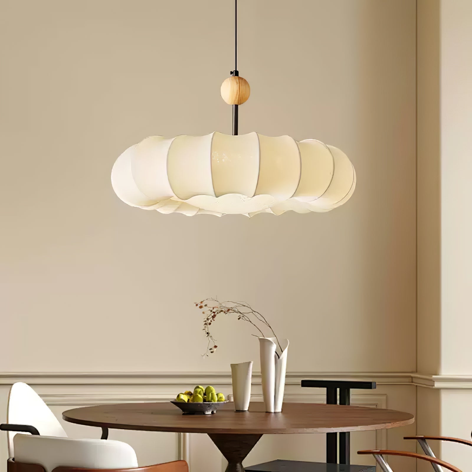 Winnie Veil Fabric Pendant Light with Wood Accents Modern Ceiling Hanging Fixture for Dining Room