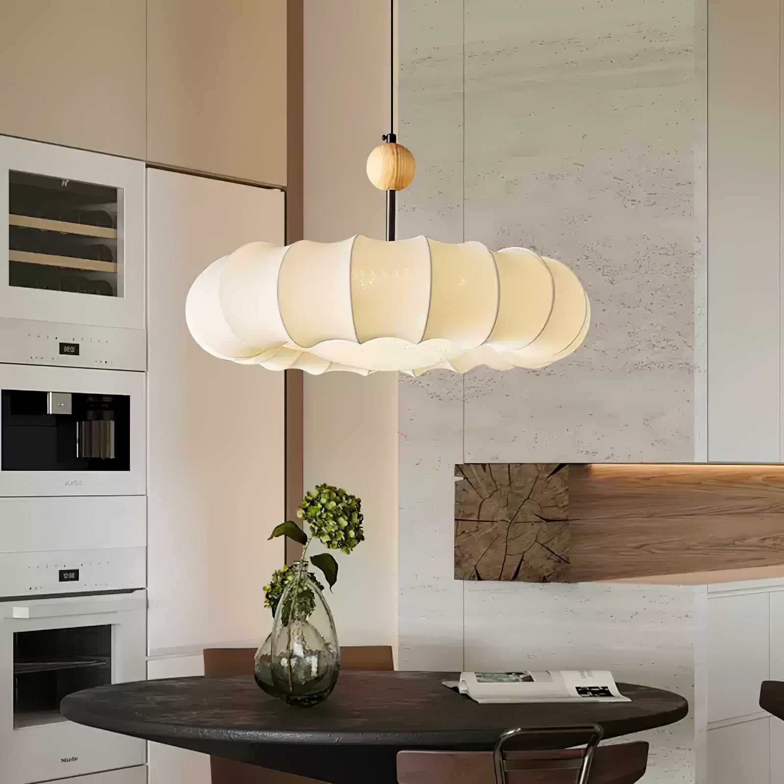 Winnie Veil Fabric Pendant Light with Wood Accents Modern Ceiling Hanging Fixture for Dining Room