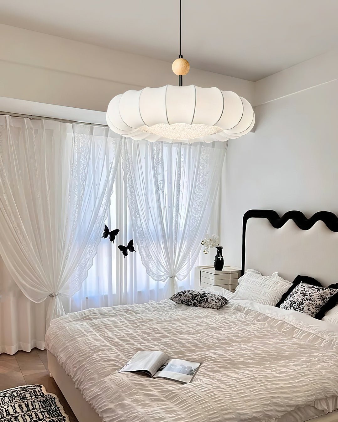 Winnie Veil Fabric Pendant Light with Wood Accents Modern Ceiling Hanging Fixture for Dining Room