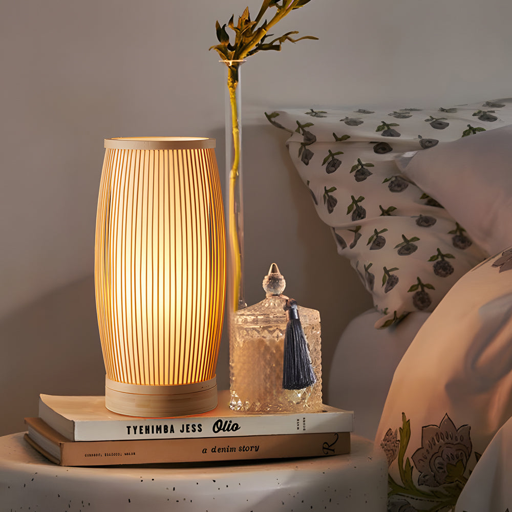 Woven Bamboo Japanese Lantern LED Table Lamp for Zen Bedroom and Living Room Decor