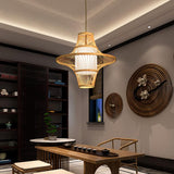 Woven Bamboo Two Cone Pendant Light Burlywood Farmhouse Hanging Chandelier for Dining Room