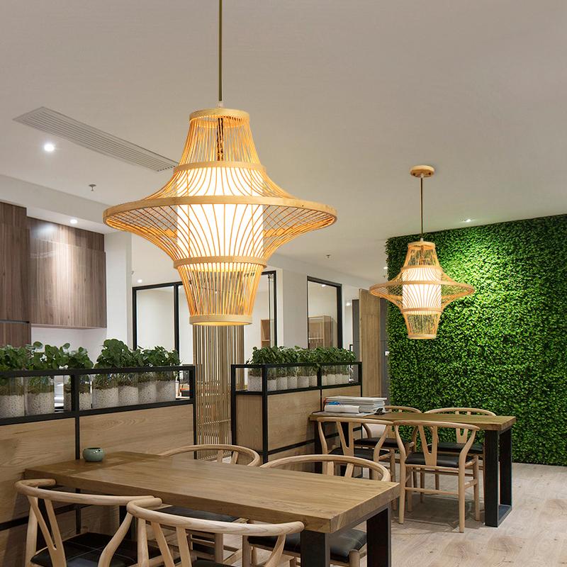 Woven Bamboo Two Cone Pendant Light Burlywood Farmhouse Hanging Chandelier for Dining Room