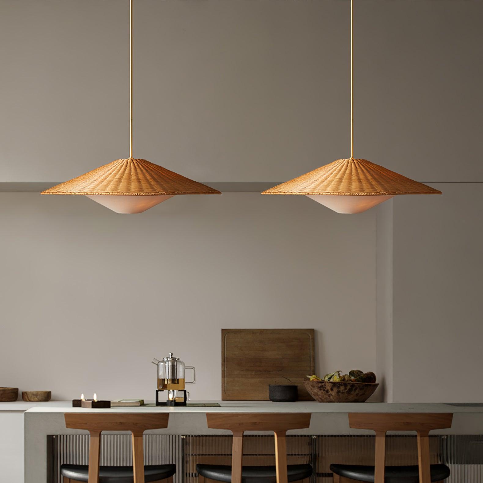 Woven Natural Rattan Hat Shape Pendant Light Boho Coastal Hanging Fixture Gold Metal Trim