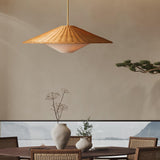 Woven Natural Rattan Hat Shape Pendant Light Boho Coastal Hanging Fixture Gold Metal Trim