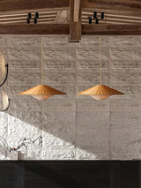 Woven Natural Rattan Hat Shape Pendant Light Boho Coastal Hanging Fixture Gold Metal Trim