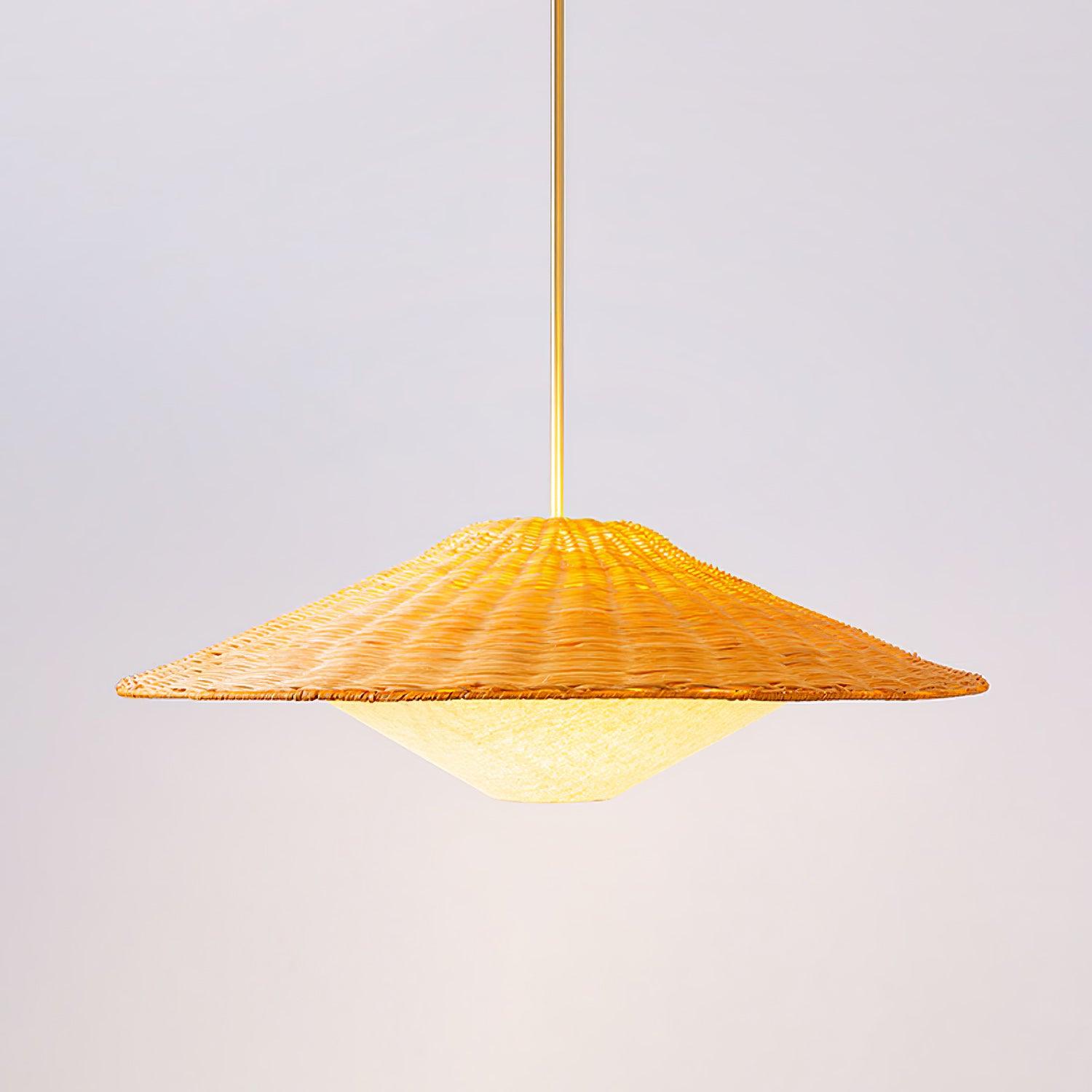 Woven Natural Rattan Hat Shape Pendant Light Boho Coastal Hanging Fixture Gold Metal Trim