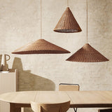 Woven Natural Rattan Hat Shape Pendant Light Boho Coastal Hanging Fixture Gold Metal Trim