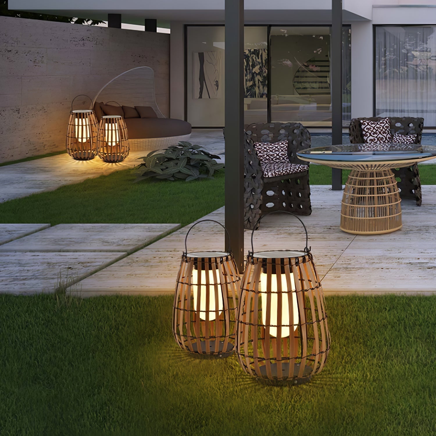 Woven Rattan Landscape Lantern Outdoor Floor Lamp IP65 Waterproof Garden Light