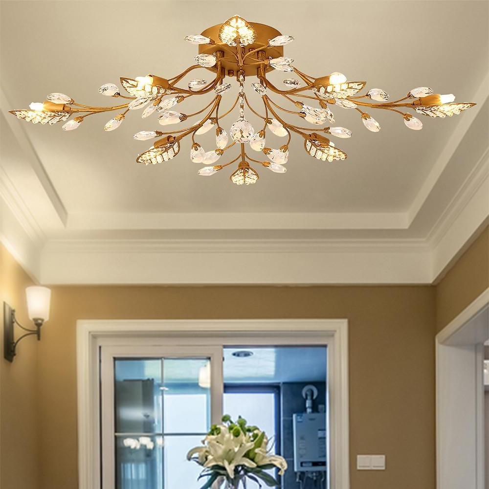 Vintage Antique Brass Leaf Crystal Branch Semi Flush Mount Ceiling Light 8 Light LED Chandelier