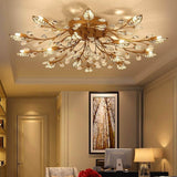 Vintage Crystal Leaf Flush Mount Ceiling Chandelier with Antique Brass Finish and Iron Glass Elements