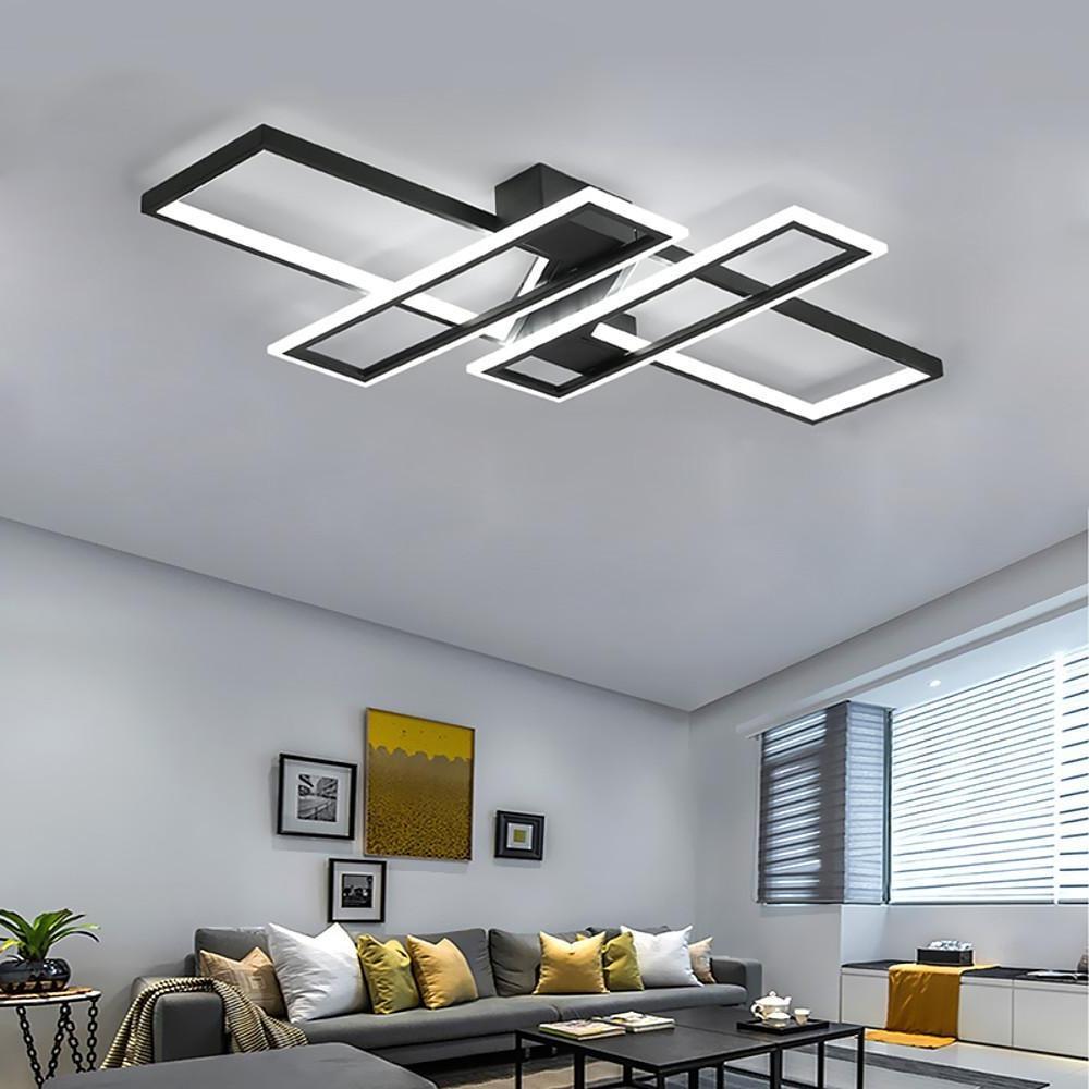 Large Modern LED Geometric Flush Mount Ceiling Light with Four Rectangles in Matte Black Finish