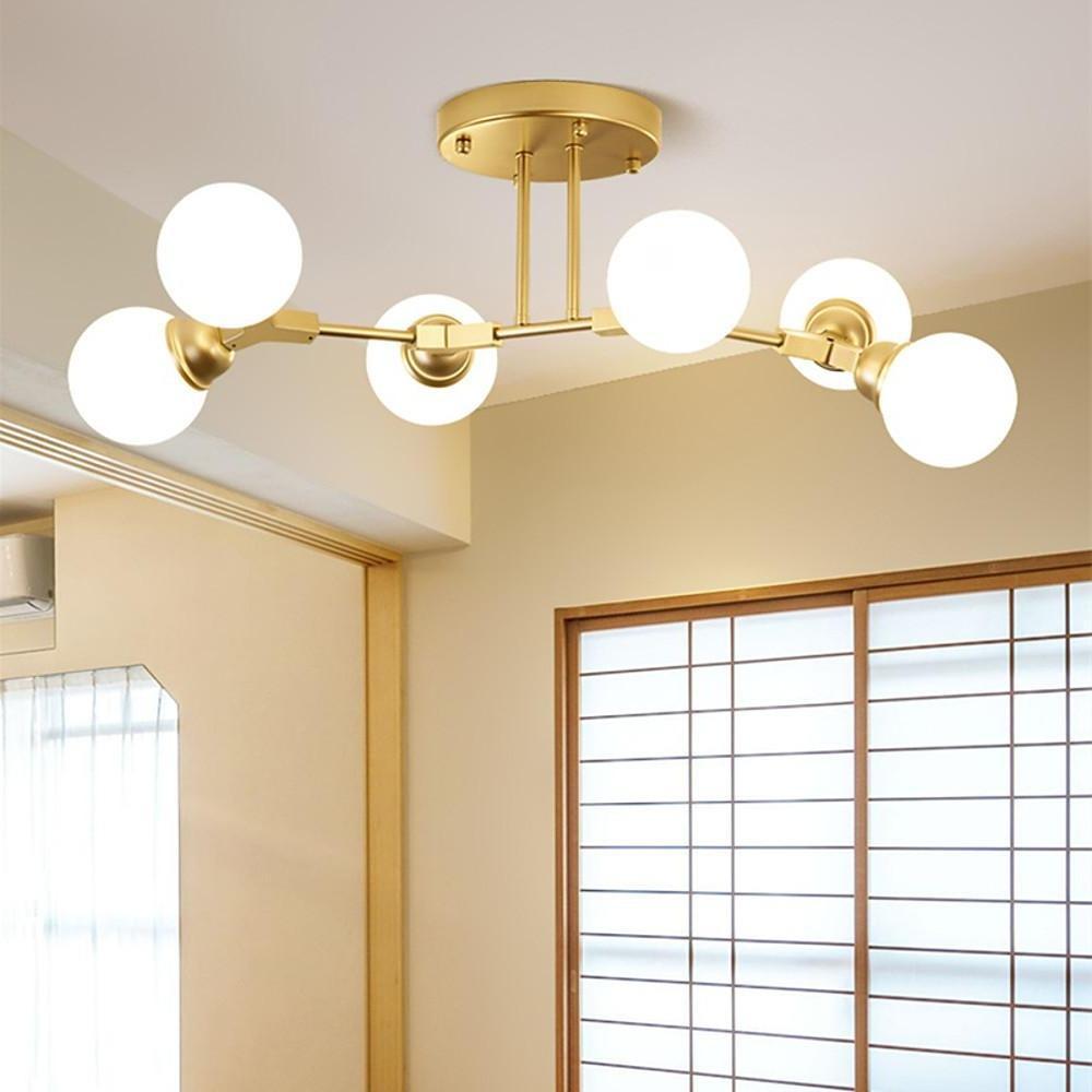 Modern 6 Light Sputnik Semi Flush Mount Ceiling Light with White Opal Glass Globes Gold Finish 31 Inch