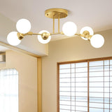 Modern 6 Light Sputnik Semi Flush Mount Ceiling Light with White Opal Glass Globes Gold Finish 31 Inch