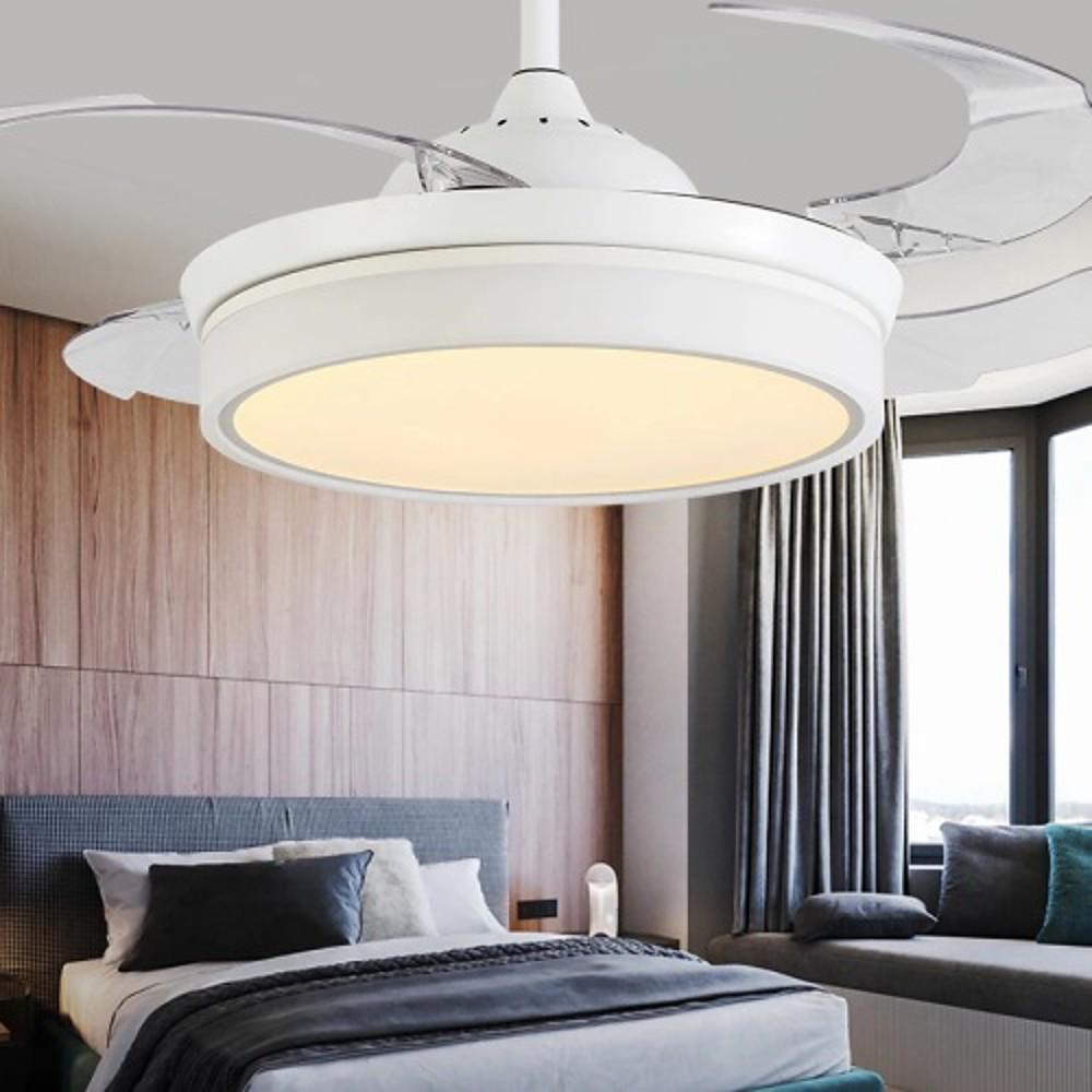 Modern White Retractable Ceiling Fan with LED Light and 4 Invisible Blades