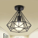 Vintage Geometric Black Metal Cage Flush Mount LED Ceiling Light for Hallways and Kitchens