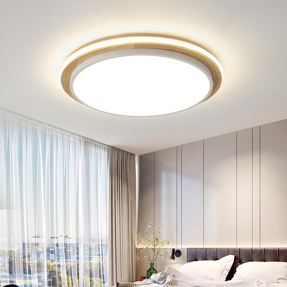 Modern Round Wood and Metal LED Flush Mount Ceiling Lamp 16 Inch Fixture
