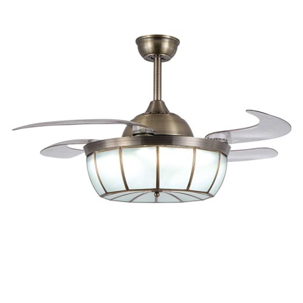 Bronze Retractable Blade Ceiling Fan with Integrated LED Light and Glass Shade for Bedrooms