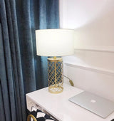 Modern Openwork Gold Metal Table Lamp with Satin Shade for Living Room and Bedroom