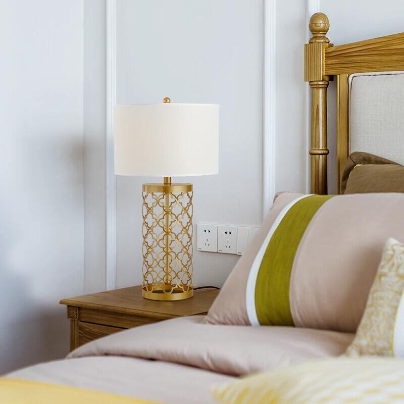 Modern Openwork Gold Metal Table Lamp with Satin Shade for Living Room and Bedroom