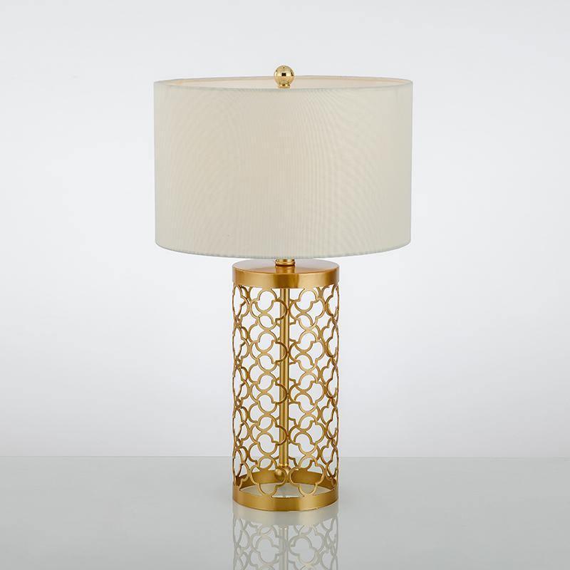 Modern Openwork Gold Metal Table Lamp with Satin Shade for Living Room and Bedroom
