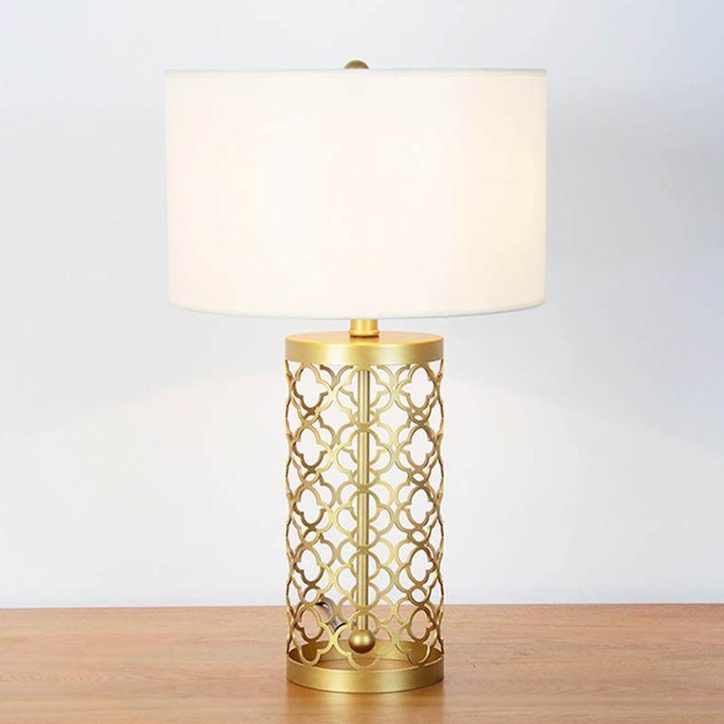 Modern Openwork Gold Metal Table Lamp with Satin Shade for Living Room and Bedroom