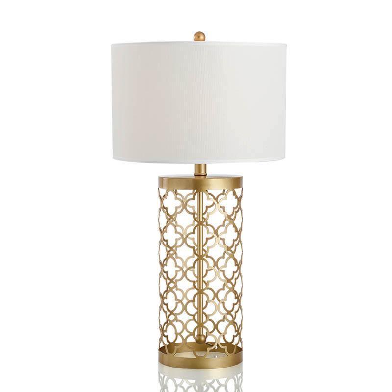 Modern Openwork Gold Metal Table Lamp with Satin Shade for Living Room and Bedroom