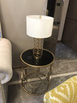 Modern Openwork Gold Metal Table Lamp with Satin Shade for Living Room and Bedroom