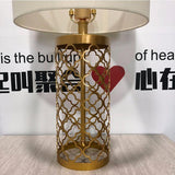 Modern Openwork Gold Metal Table Lamp with Satin Shade for Living Room and Bedroom