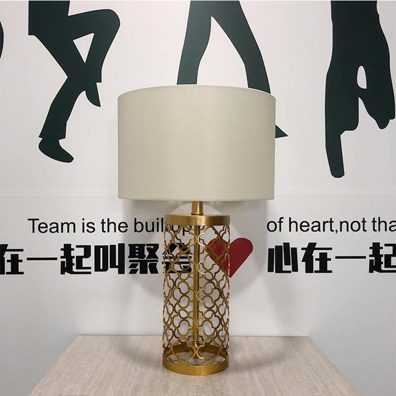 Modern Openwork Gold Metal Table Lamp with Satin Shade for Living Room and Bedroom