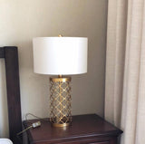 Modern Openwork Gold Metal Table Lamp with Satin Shade for Living Room and Bedroom